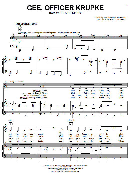 Leonard Bernstein Gee, Officer Krupke (from West Side Story) sheet music notes and chords arranged for Piano, Vocal & Guitar Chords (Right-Hand Melody)