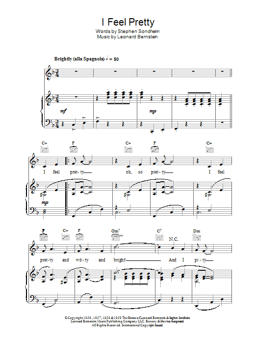 Leonard Bernstein I Feel Pretty (from West Side Story) sheet music notes and chords arranged for Piano, Vocal & Guitar Chords (Right-Hand Melody)