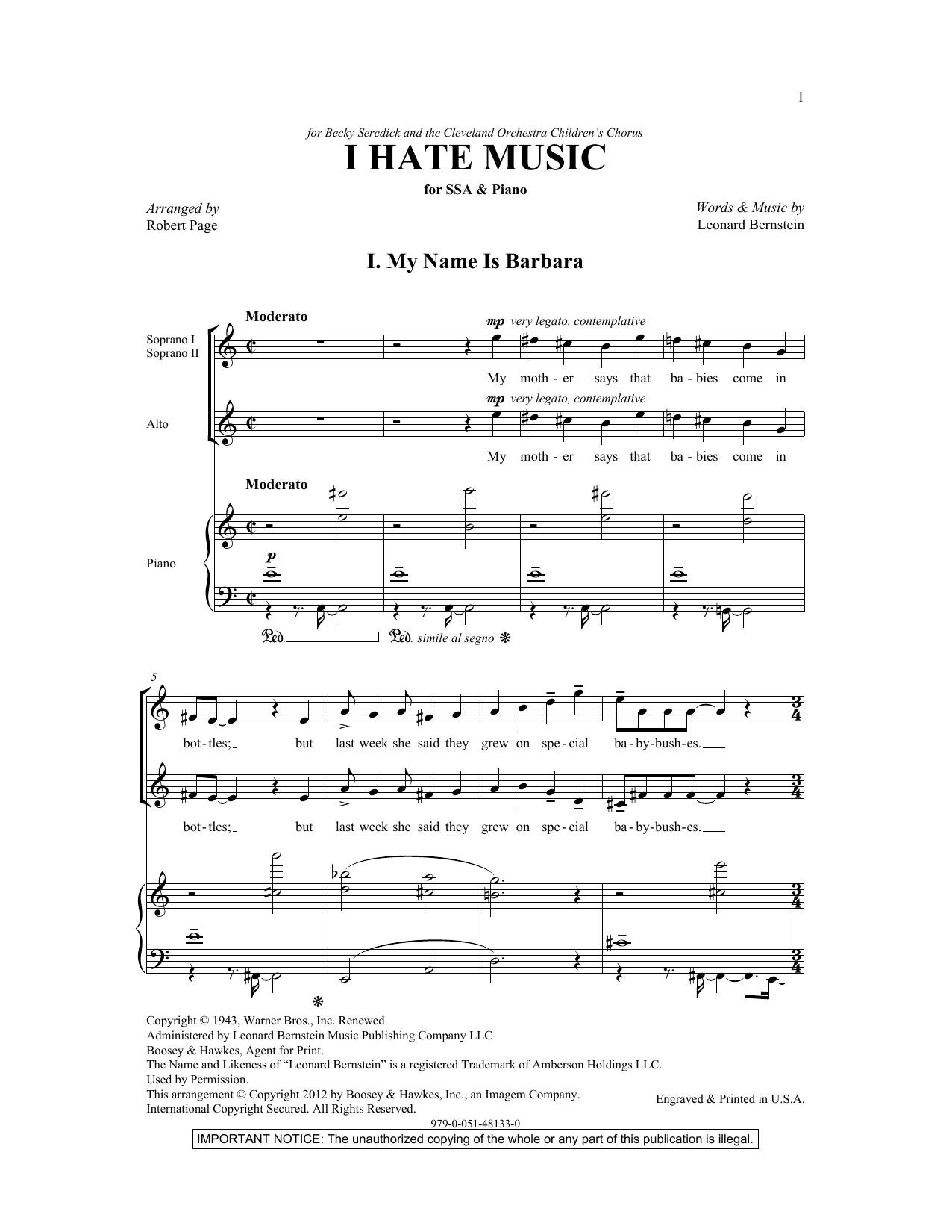 Leonard Bernstein I Hate Music (arr. Robert Page) sheet music notes and chords arranged for SSA Choir