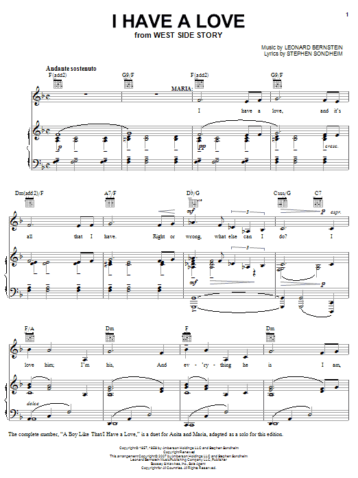 Leonard Bernstein I Have A Love (from West Side Story) sheet music notes and chords arranged for Piano, Vocal & Guitar Chords (Right-Hand Melody)