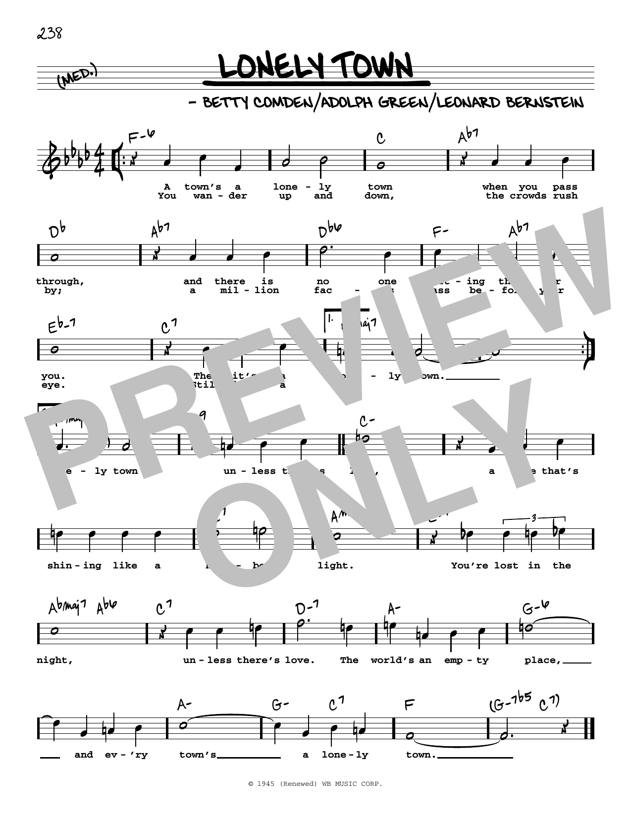 Leonard Bernstein Lonely Town (High Voice) (from On The Town) sheet music notes and chords arranged for Real Book – Melody, Lyrics & Chords