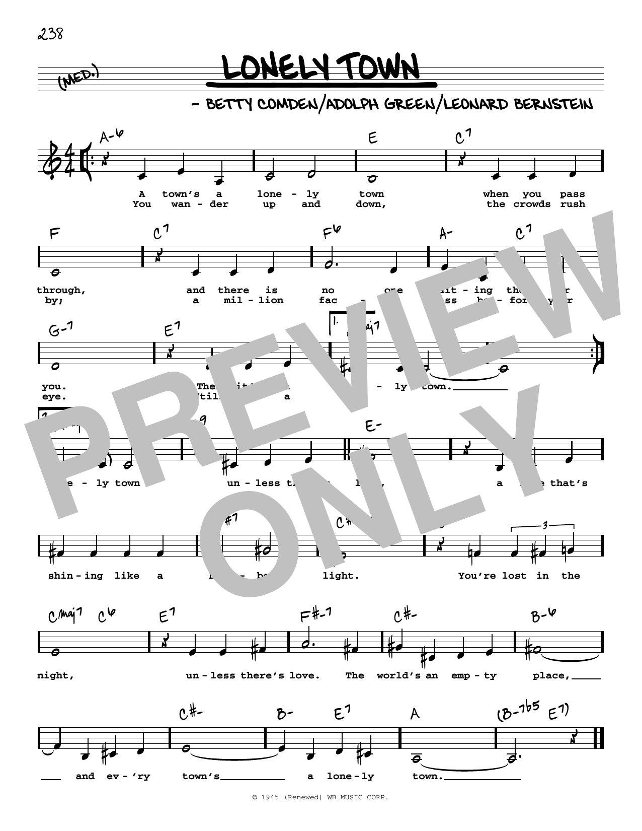 Leonard Bernstein Lonely Town (Low Voice) sheet music notes and chords arranged for Real Book – Melody, Lyrics & Chords