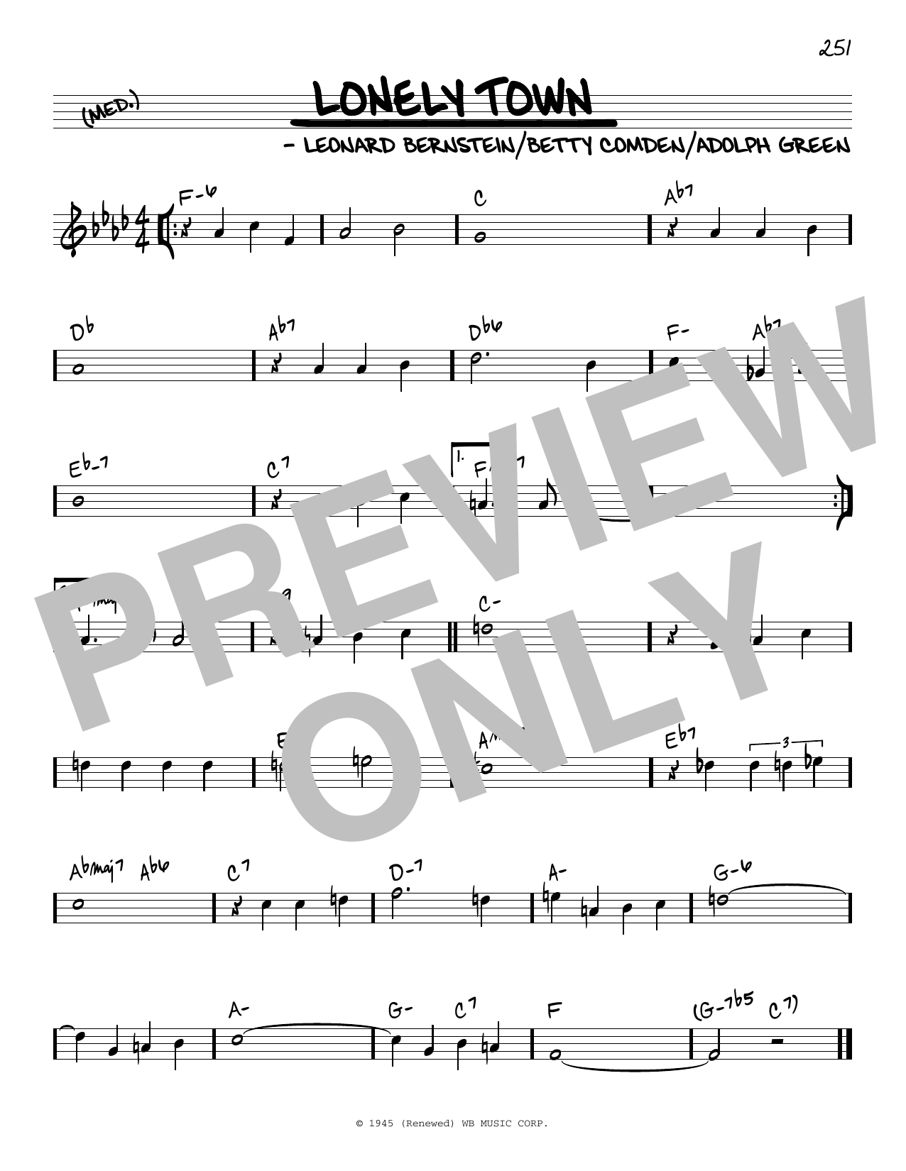 Leonard Bernstein Lonely Town sheet music notes and chords arranged for Real Book – Melody & Chords