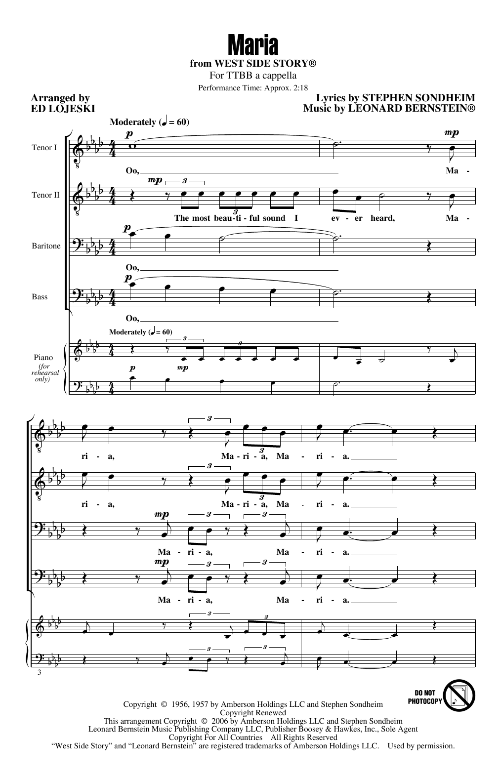 Leonard Bernstein Maria (from West Side Story) (arr. Ed Lojeski) sheet music notes and chords arranged for TTBB Choir