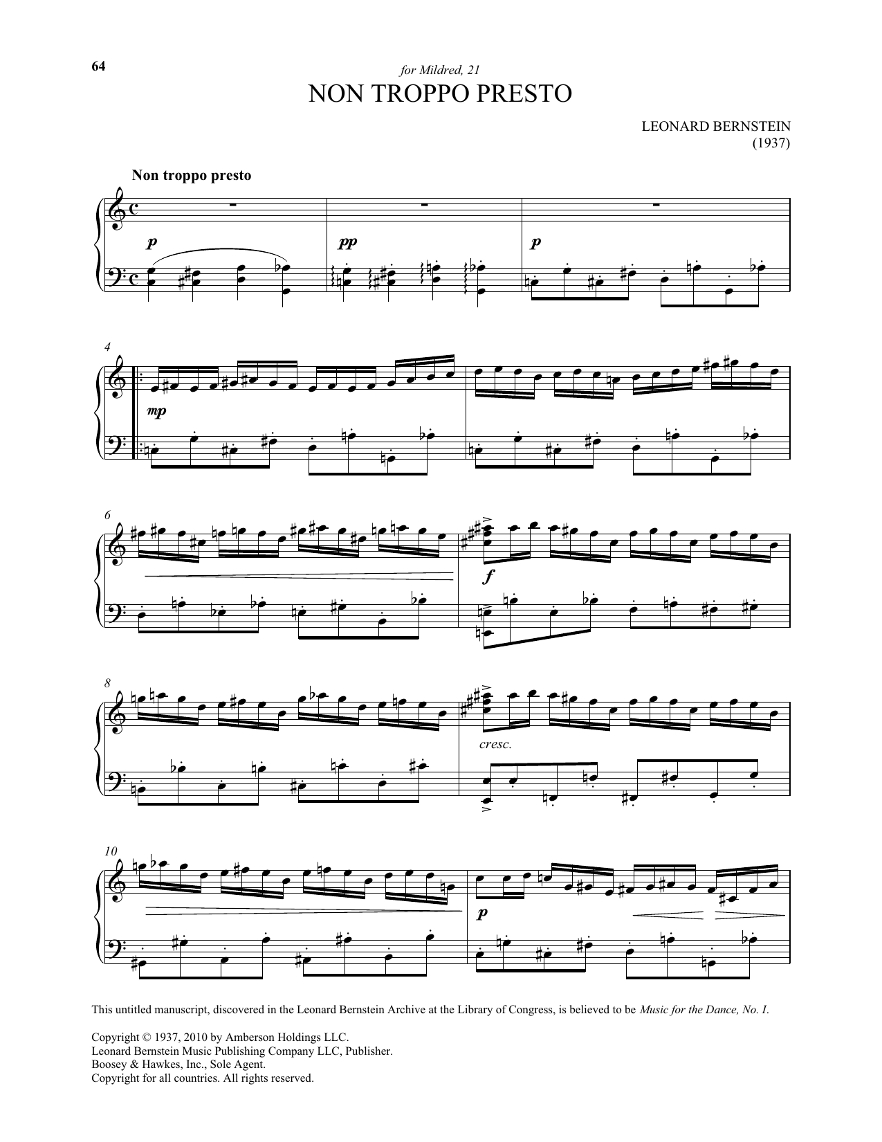 Leonard Bernstein Non Troppo Presto sheet music notes and chords arranged for Piano Solo