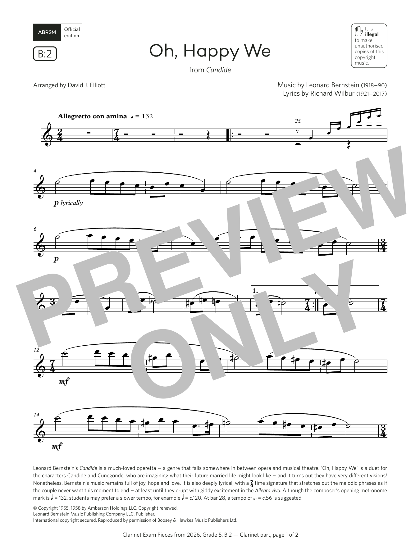 Leonard Bernstein Oh, Happy We (Grade 5, list B2, from the ABRSM Clarinet Syllabus from 2026) sheet music notes and chords arranged for Clarinet Solo