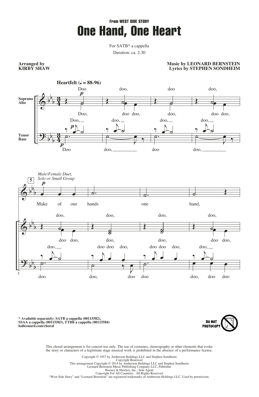 Leonard Bernstein One Hand, One Heart (from West Side Story) (arr. Kirby Shaw) sheet music notes and chords arranged for SSAA Choir