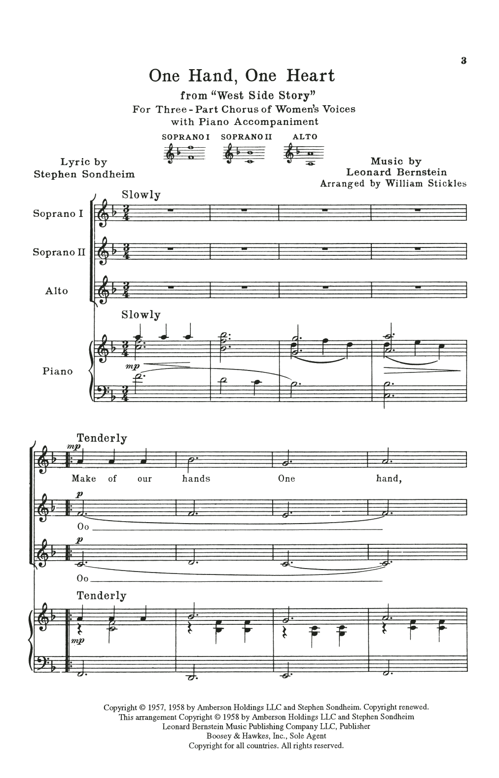 Leonard Bernstein One Hand, One Heart (from West Side Story) (arr. William Stickles) sheet music notes and chords arranged for SSA Choir
