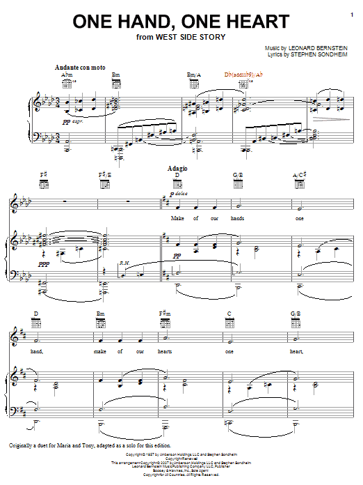 Leonard Bernstein One Hand, One Heart (from West Side Story) sheet music notes and chords arranged for Piano, Vocal & Guitar Chords (Right-Hand Melody)
