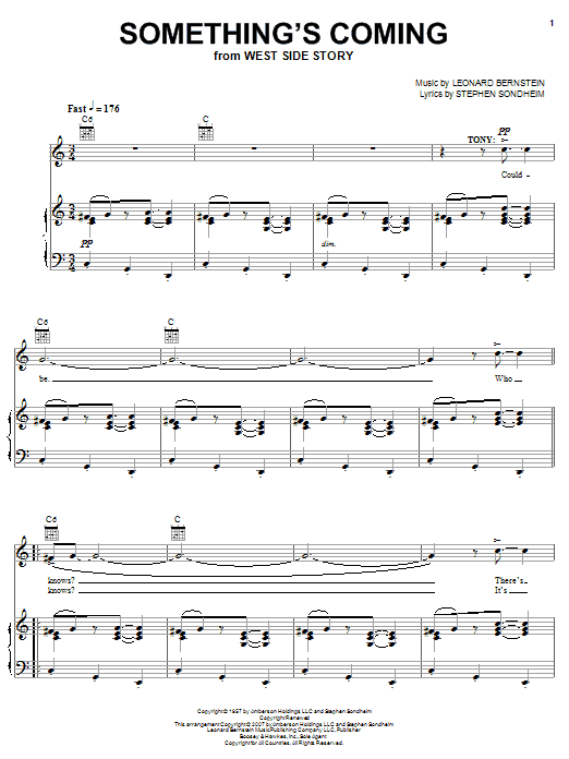 Leonard Bernstein Something's Coming (from West Side Story) sheet music notes and chords arranged for Piano, Vocal & Guitar Chords (Right-Hand Melody)