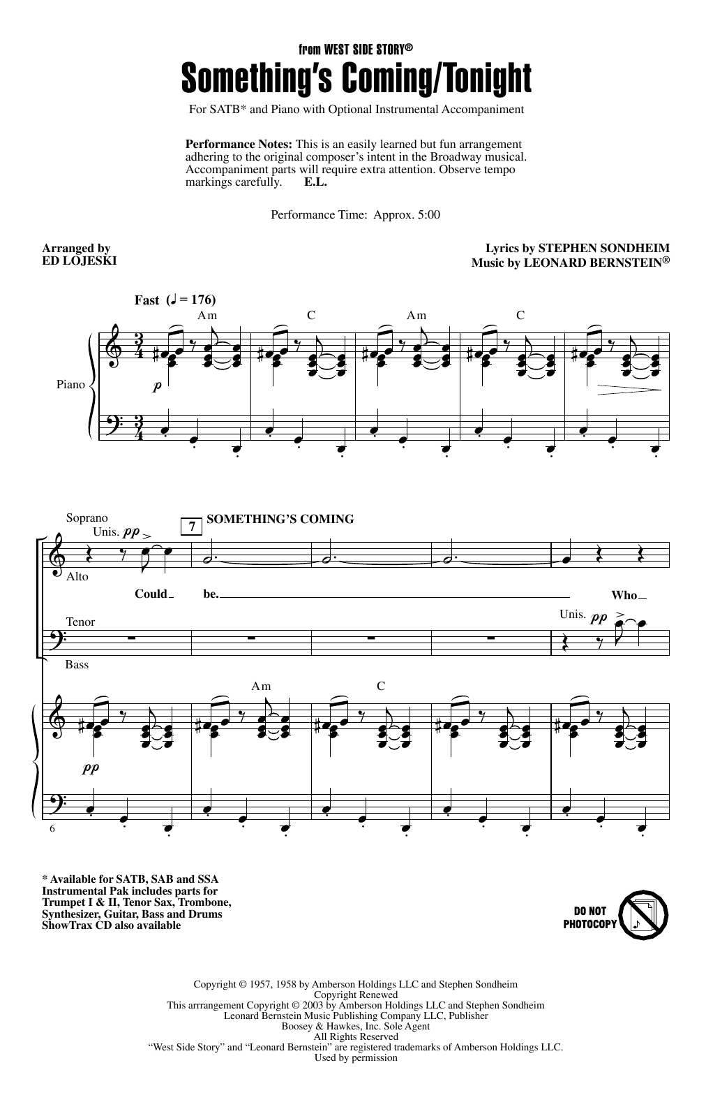 Leonard Bernstein Something's Coming/Tonight (from West Side Story) (arr. Ed Lojeski) sheet music notes and chords arranged for SATB Choir