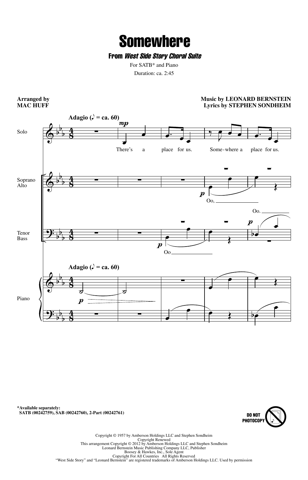 Leonard Bernstein Somewhere (from West Side Story) (arr. Mac Huff) sheet music notes and chords arranged for SAB Choir