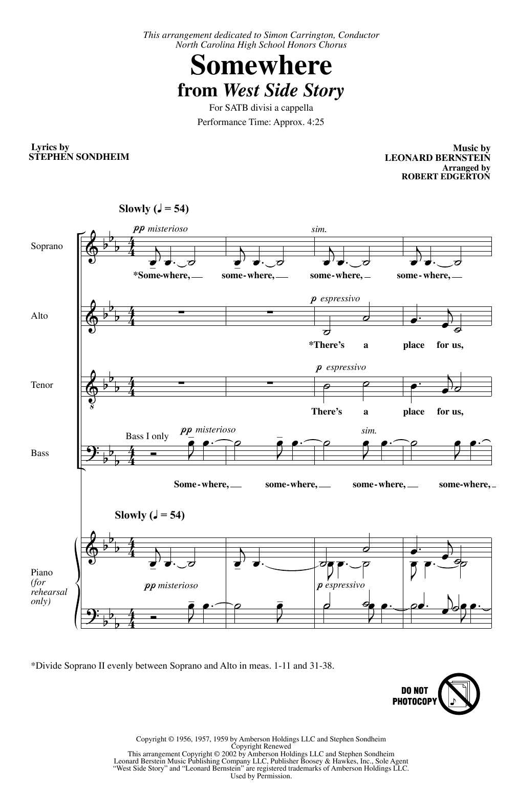 Leonard Bernstein Somewhere (from West Side Story) (arr. Robert Edgerton) sheet music notes and chords arranged for SATB Choir