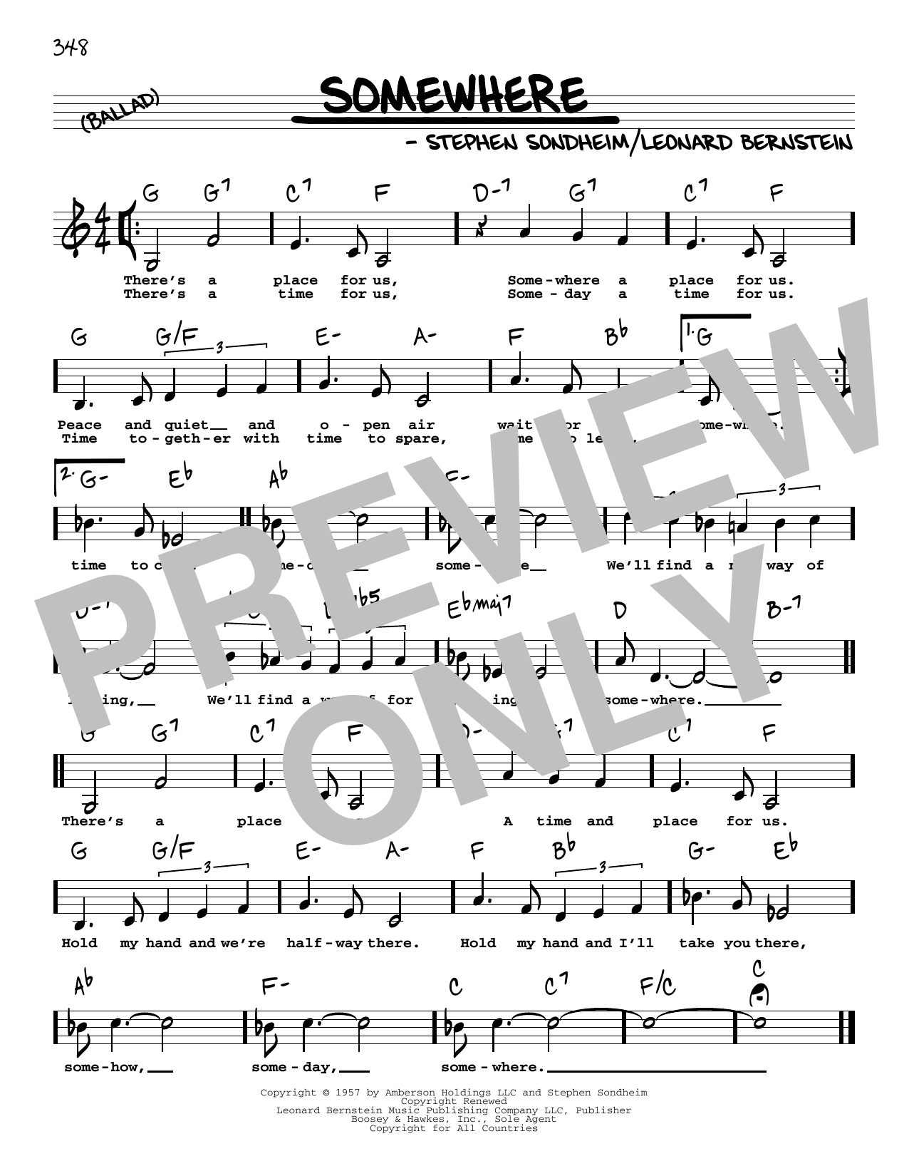 Leonard Bernstein Somewhere (from West Side Story) (Low Voice) sheet music notes and chords arranged for Real Book – Melody, Lyrics & Chords