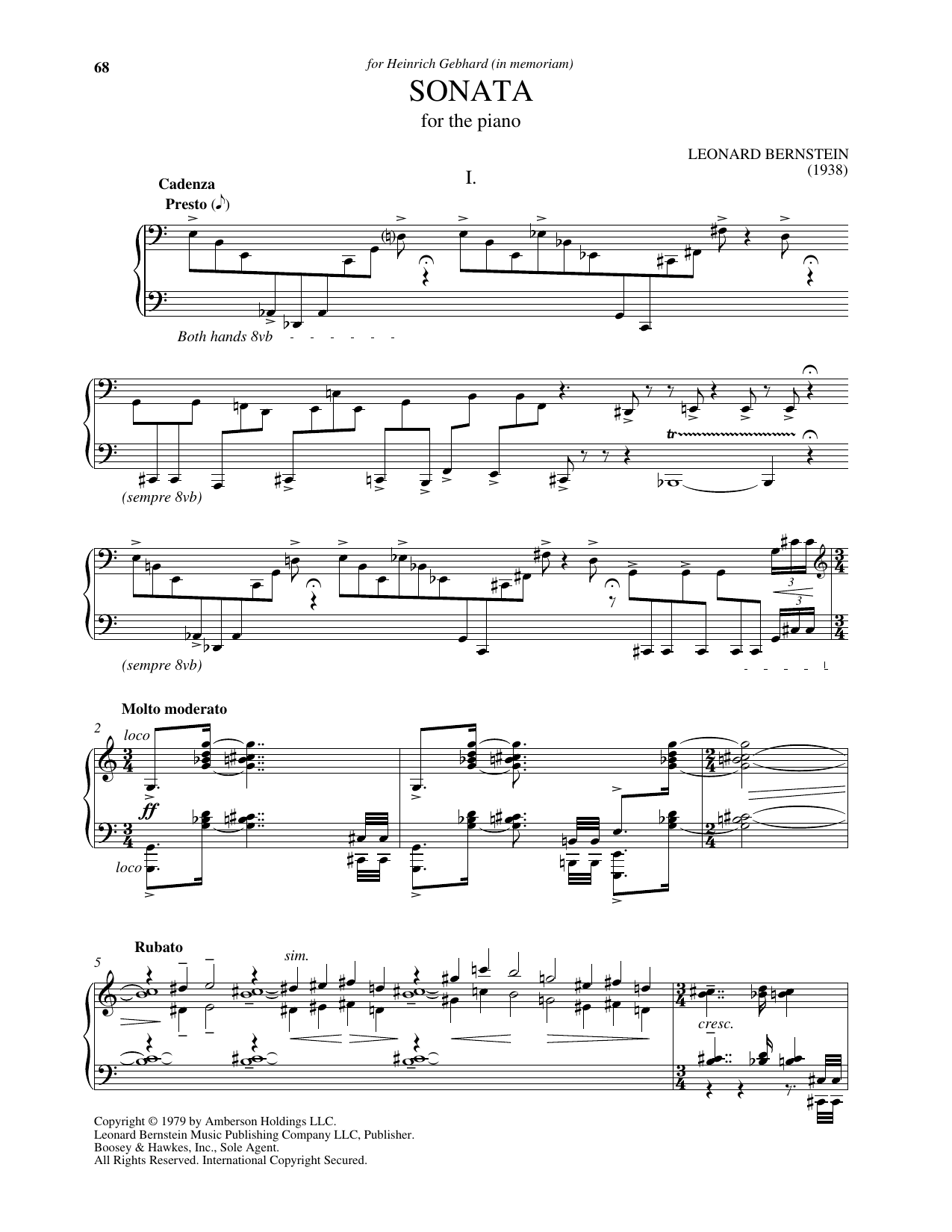 Leonard Bernstein Sonata For The Piano sheet music notes and chords arranged for Piano Solo
