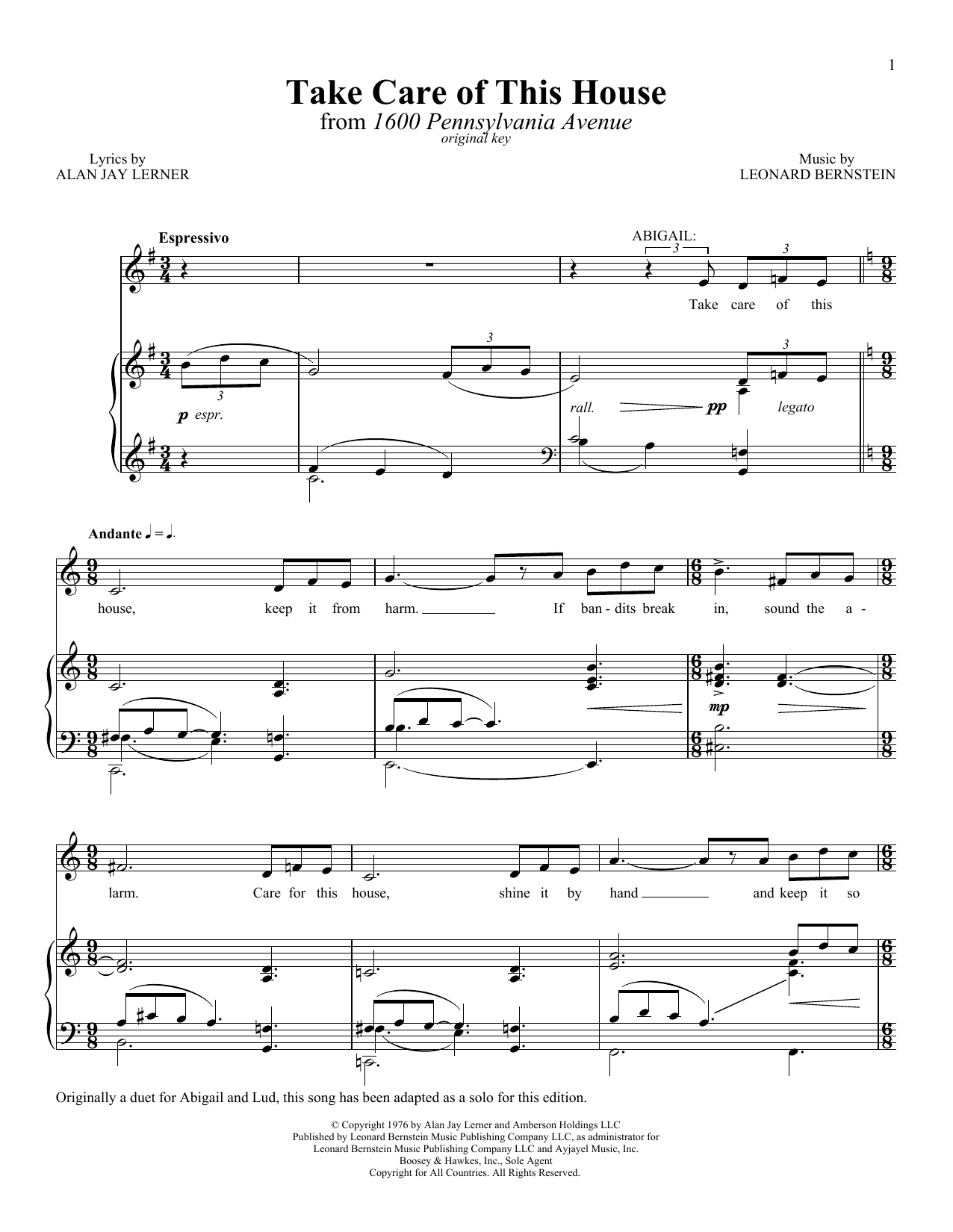 Leonard Bernstein Take Care Of This House sheet music notes and chords arranged for Piano Solo
