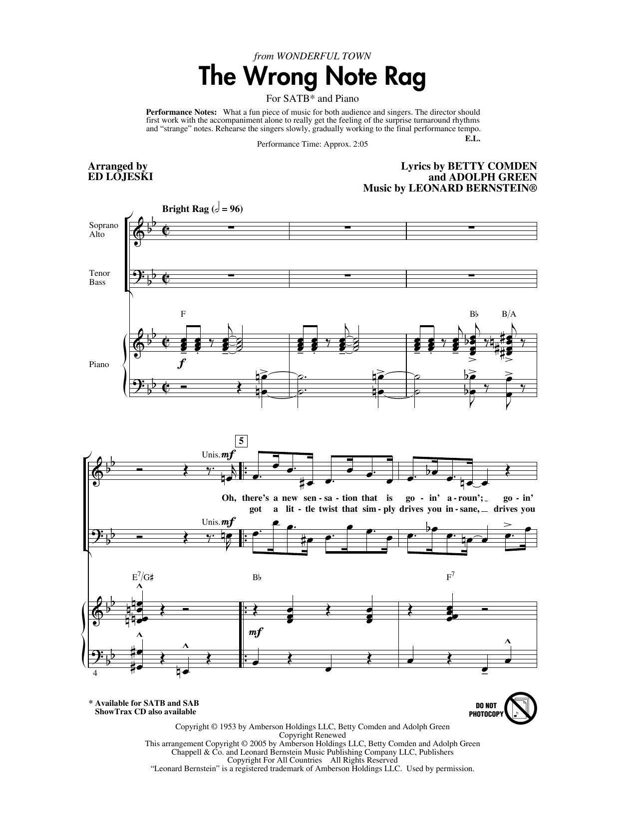 Leonard Bernstein The Wrong Note Rag (from Wonderful Town) (arr. Ed Lojeski) sheet music notes and chords arranged for SAB Choir