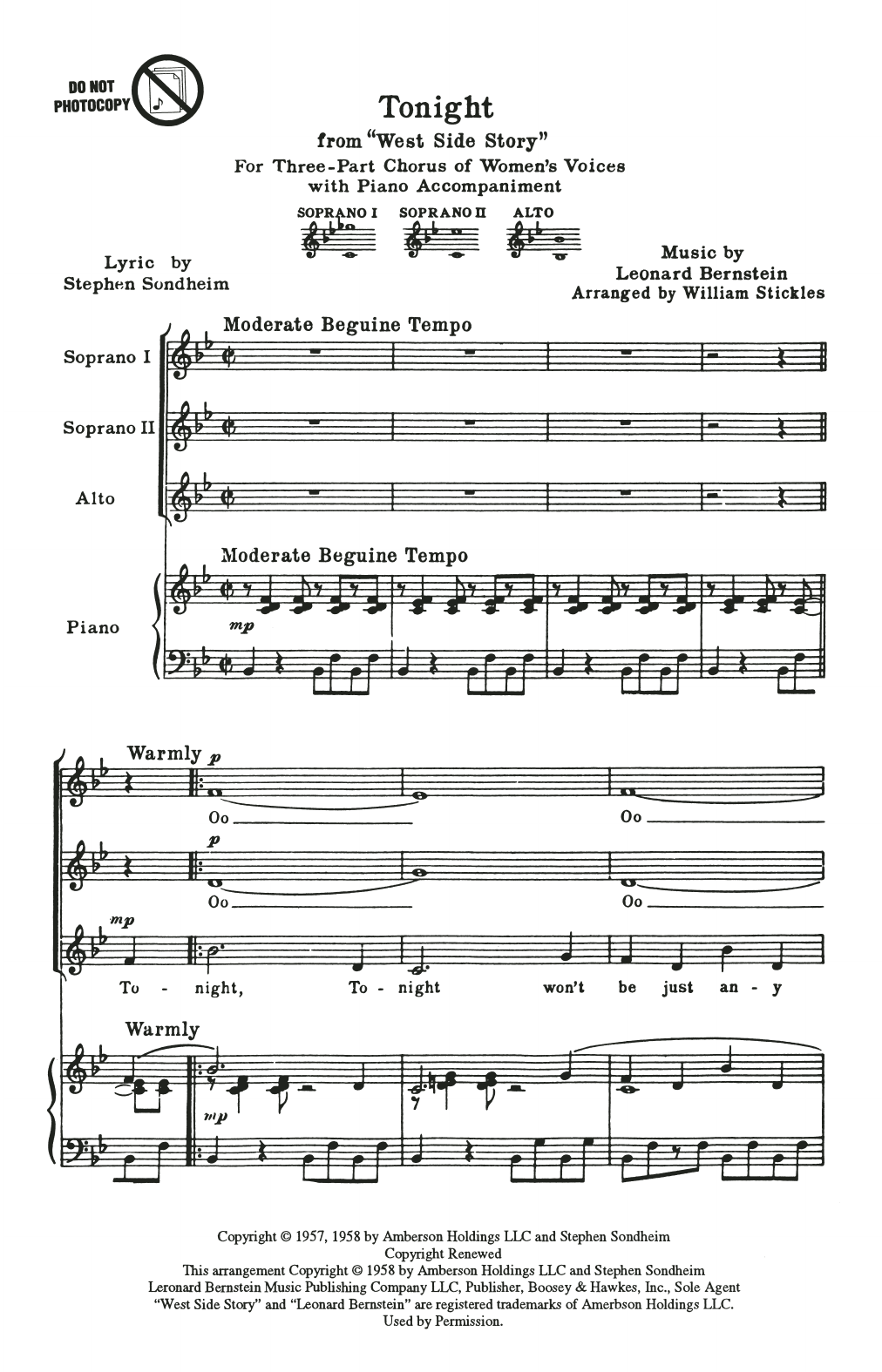 Leonard Bernstein Tonight (from West Side Story) (arr. William Stickles) sheet music notes and chords arranged for SSA Choir