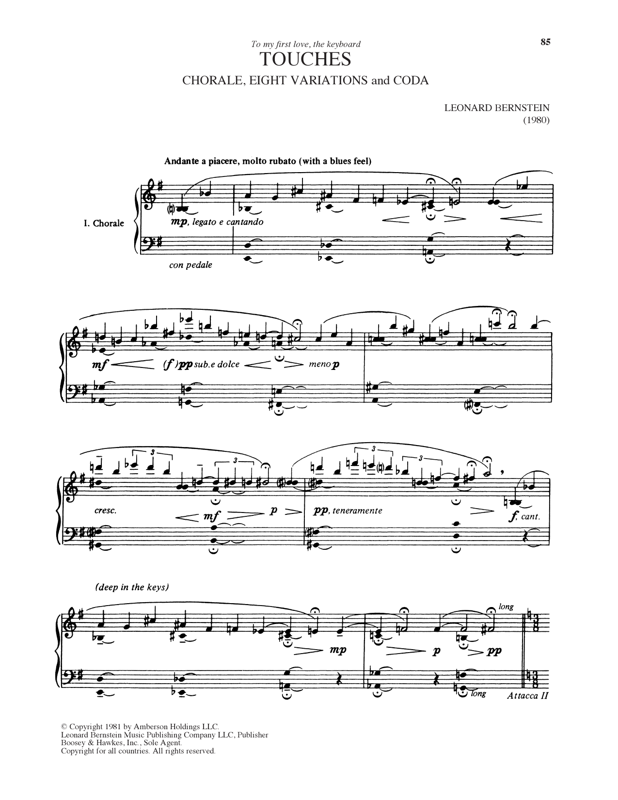 Leonard Bernstein Touches sheet music notes and chords arranged for Piano Solo
