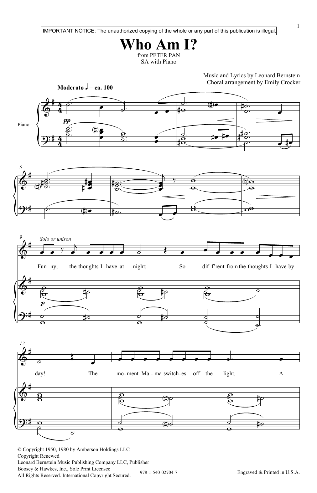 Leonard Bernstein Who Am I? (from Peter Pan Suite) (arr. Emily Crocker) sheet music notes and chords arranged for Choir