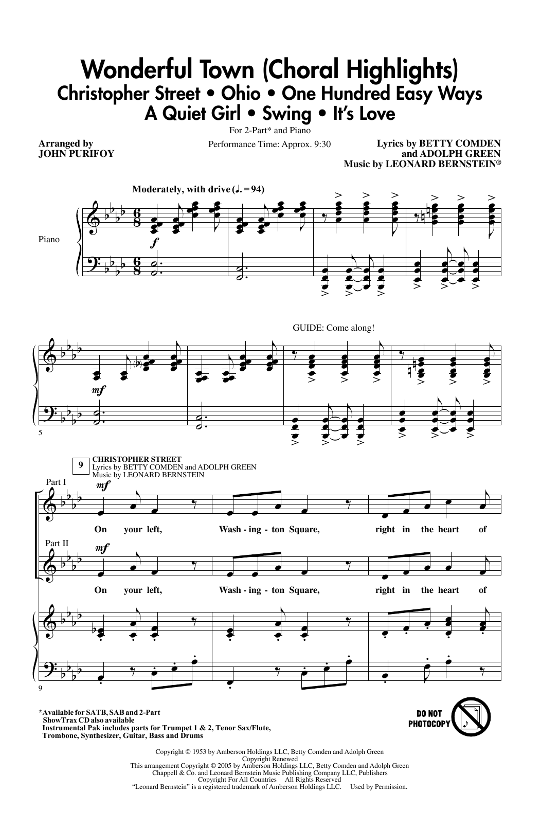 Leonard Bernstein Wonderful Town (Choral Highlights) (arr. John Purifoy) sheet music notes and chords arranged for 2-Part Choir