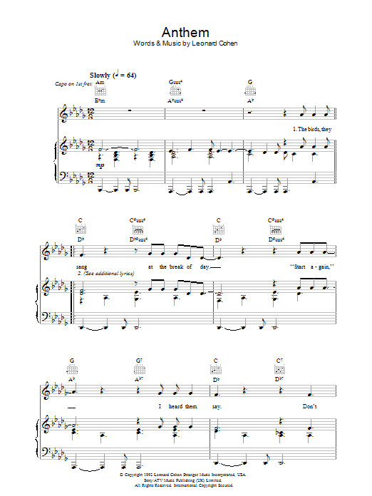 Leonard Cohen Anthem sheet music notes and chords arranged for Ukulele
