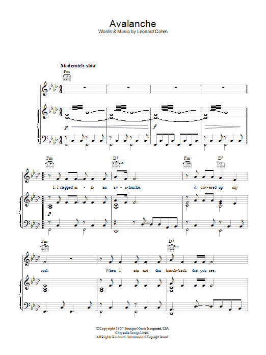 Leonard Cohen Avalanche sheet music notes and chords arranged for Piano, Vocal & Guitar Chords
