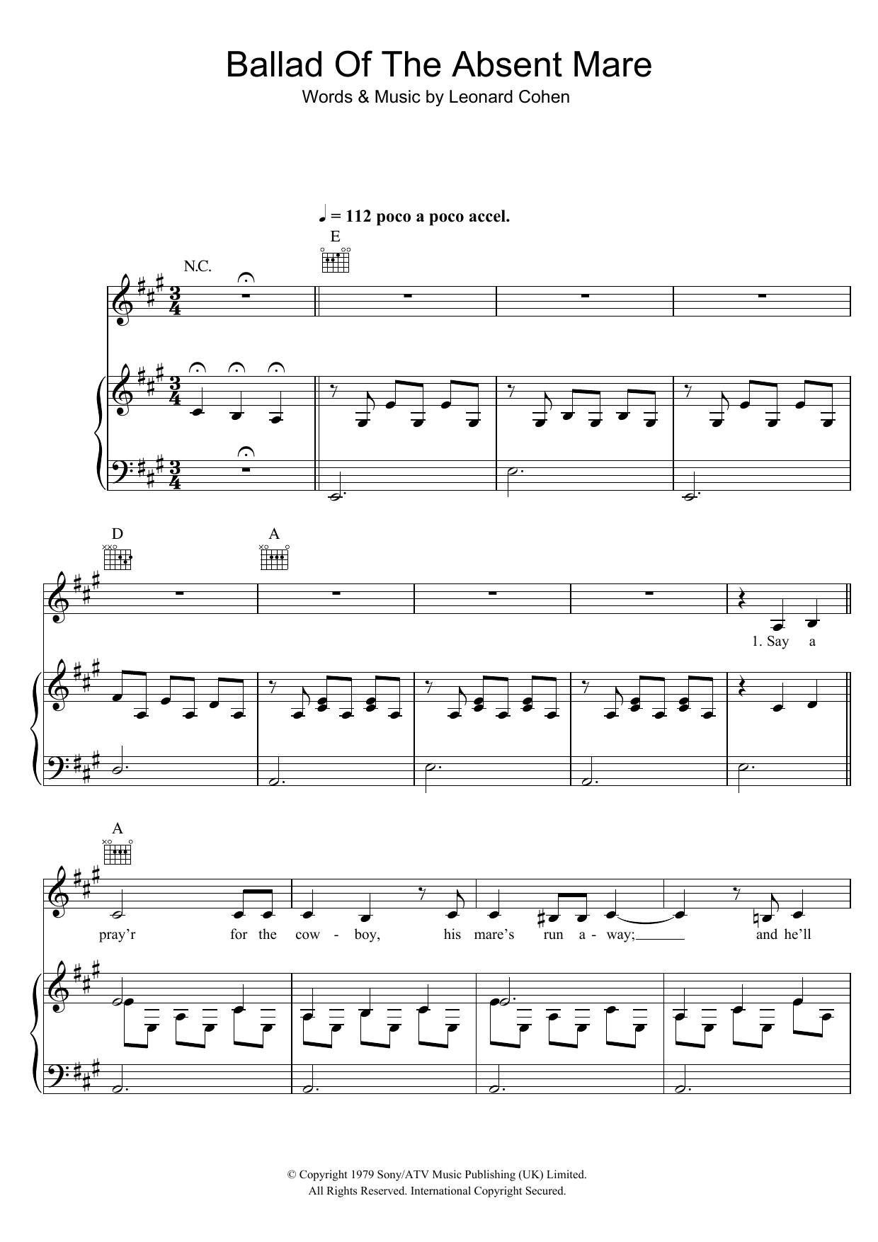 Leonard Cohen Ballad Of The Absent Mare sheet music notes and chords arranged for Piano, Vocal & Guitar Chords