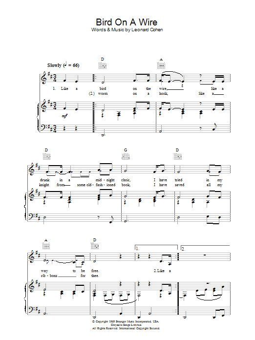 Leonard Cohen Bird On A Wire sheet music notes and chords arranged for Piano, Vocal & Guitar Chords