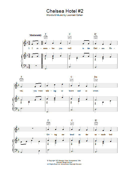 Leonard Cohen Chelsea Hotel #2 sheet music notes and chords arranged for Guitar Chords/Lyrics