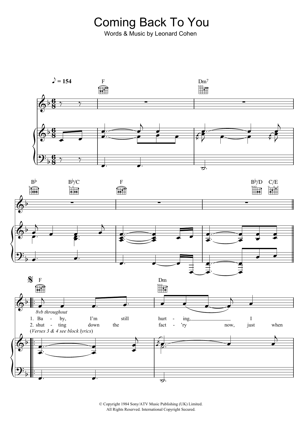 Leonard Cohen Coming Back To You sheet music notes and chords arranged for Guitar Chords/Lyrics
