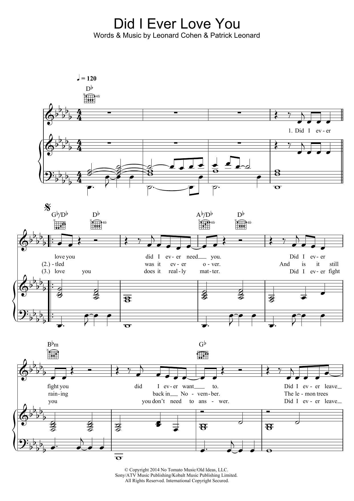 Leonard Cohen Did I Ever Love You sheet music notes and chords arranged for Piano, Vocal & Guitar Chords