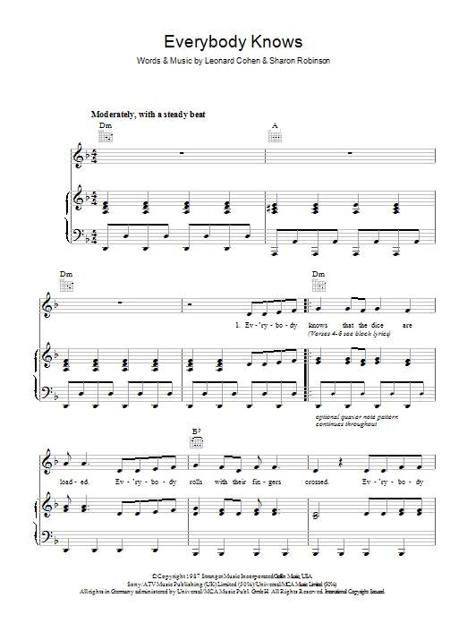 Leonard Cohen Everybody Knows sheet music notes and chords arranged for Guitar Chords/Lyrics