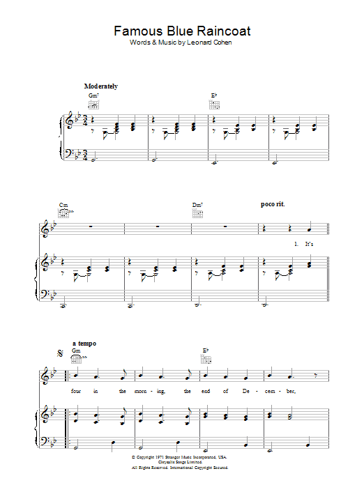 Leonard Cohen Famous Blue Raincoat sheet music notes and chords arranged for Guitar Chords/Lyrics