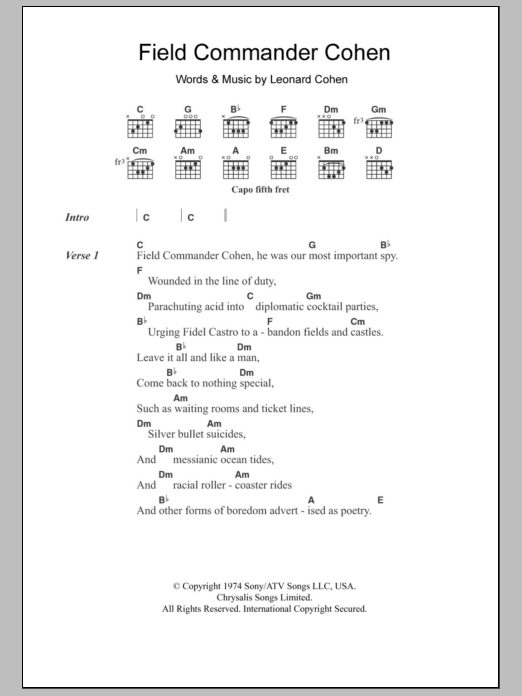 Leonard Cohen Field Commander Cohen sheet music notes and chords arranged for Guitar Chords/Lyrics