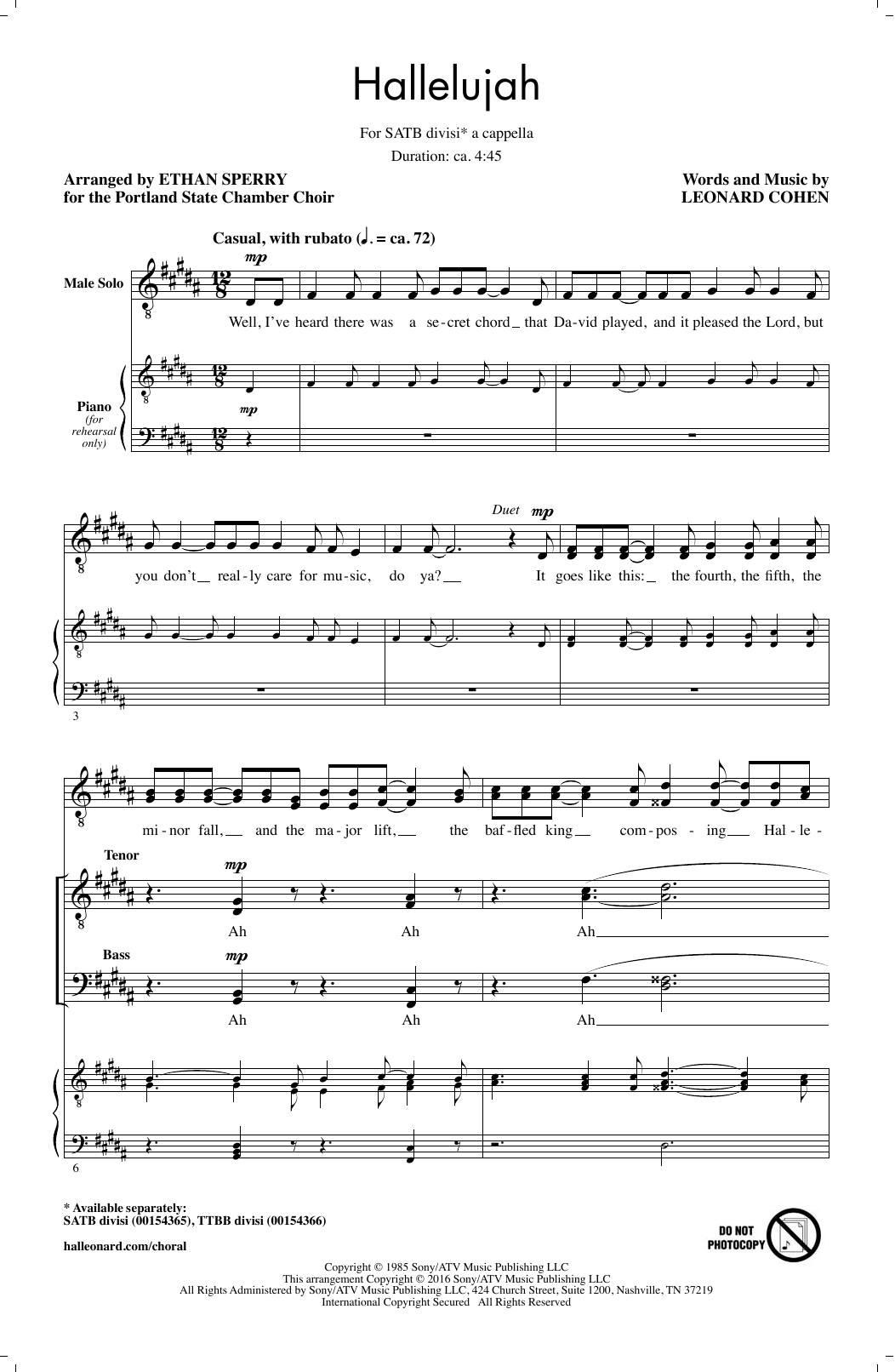 Leonard Cohen Hallelujah (arr. Ethan Sperry) sheet music notes and chords arranged for TTBB Choir