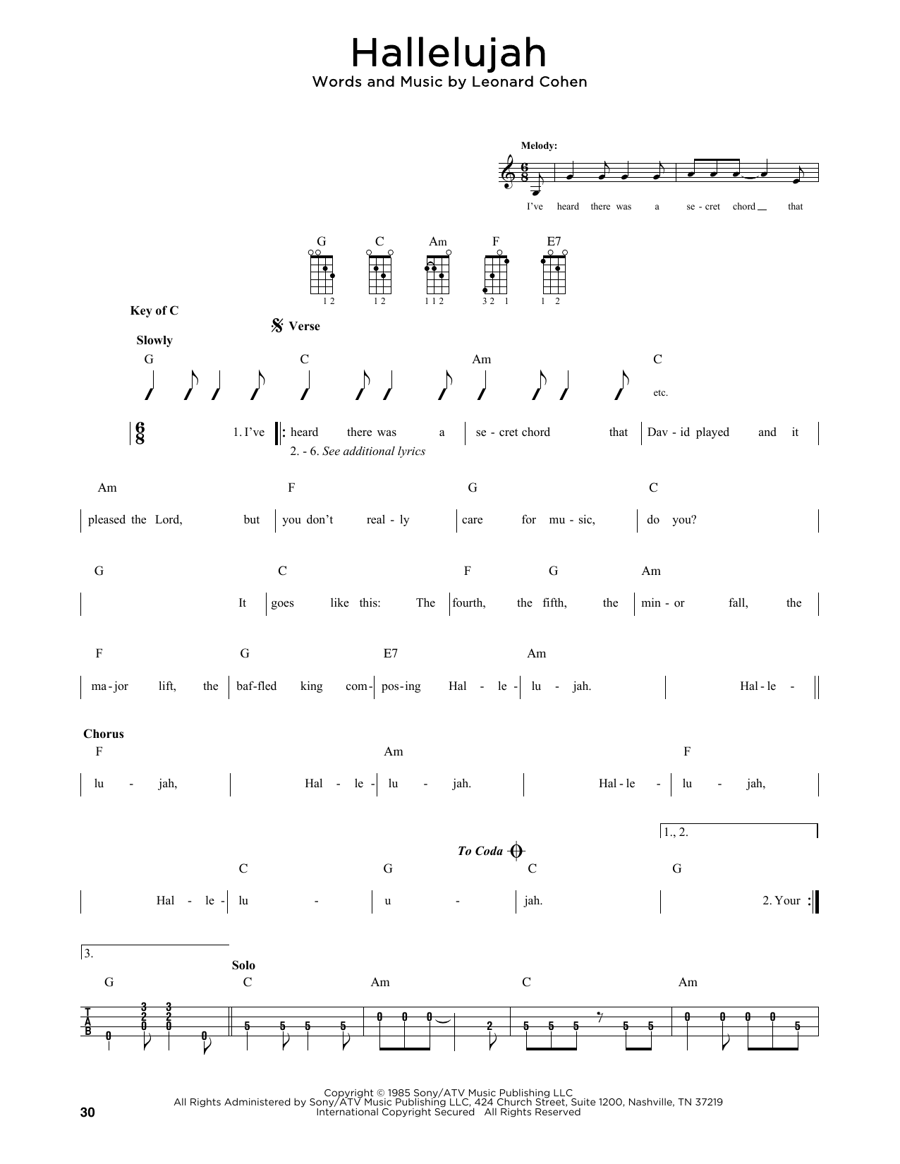 Leonard Cohen Hallelujah (arr. Fred Sokolow) sheet music notes and chords arranged for Mandolin