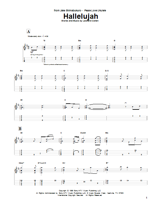 Leonard Cohen Hallelujah (arr. Jake Shimabukuro) sheet music notes and chords arranged for Ukulele Tab