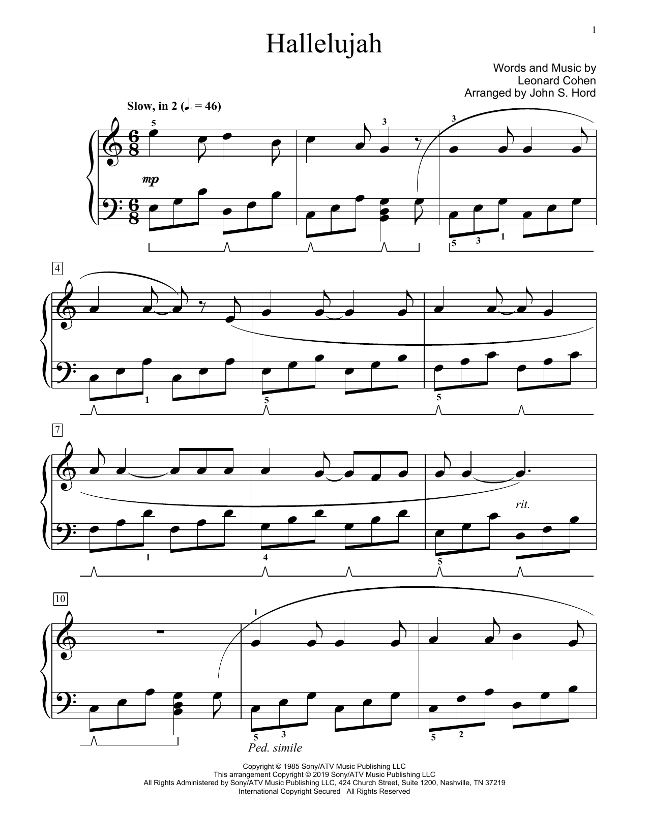 Leonard Cohen Hallelujah (arr. John S. Hord) sheet music notes and chords arranged for Educational Piano