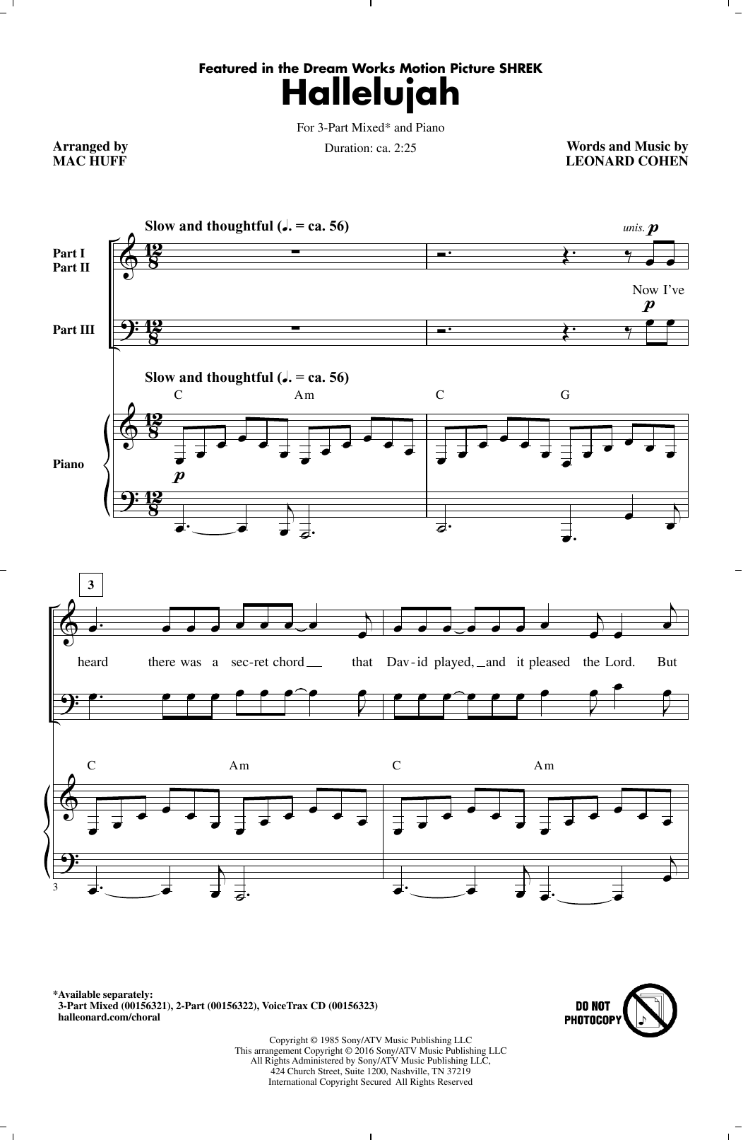 Leonard Cohen Hallelujah (arr. Mac Huff) sheet music notes and chords arranged for 3-Part Mixed Choir