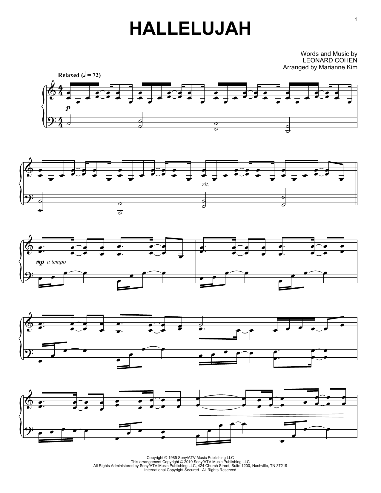 Leonard Cohen Hallelujah (arr. Marianne Kim) sheet music notes and chords arranged for Piano Solo