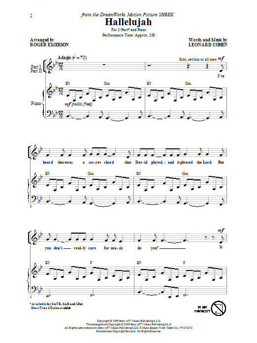 Leonard Cohen Hallelujah (arr. Roger Emerson) sheet music notes and chords arranged for SSA Choir