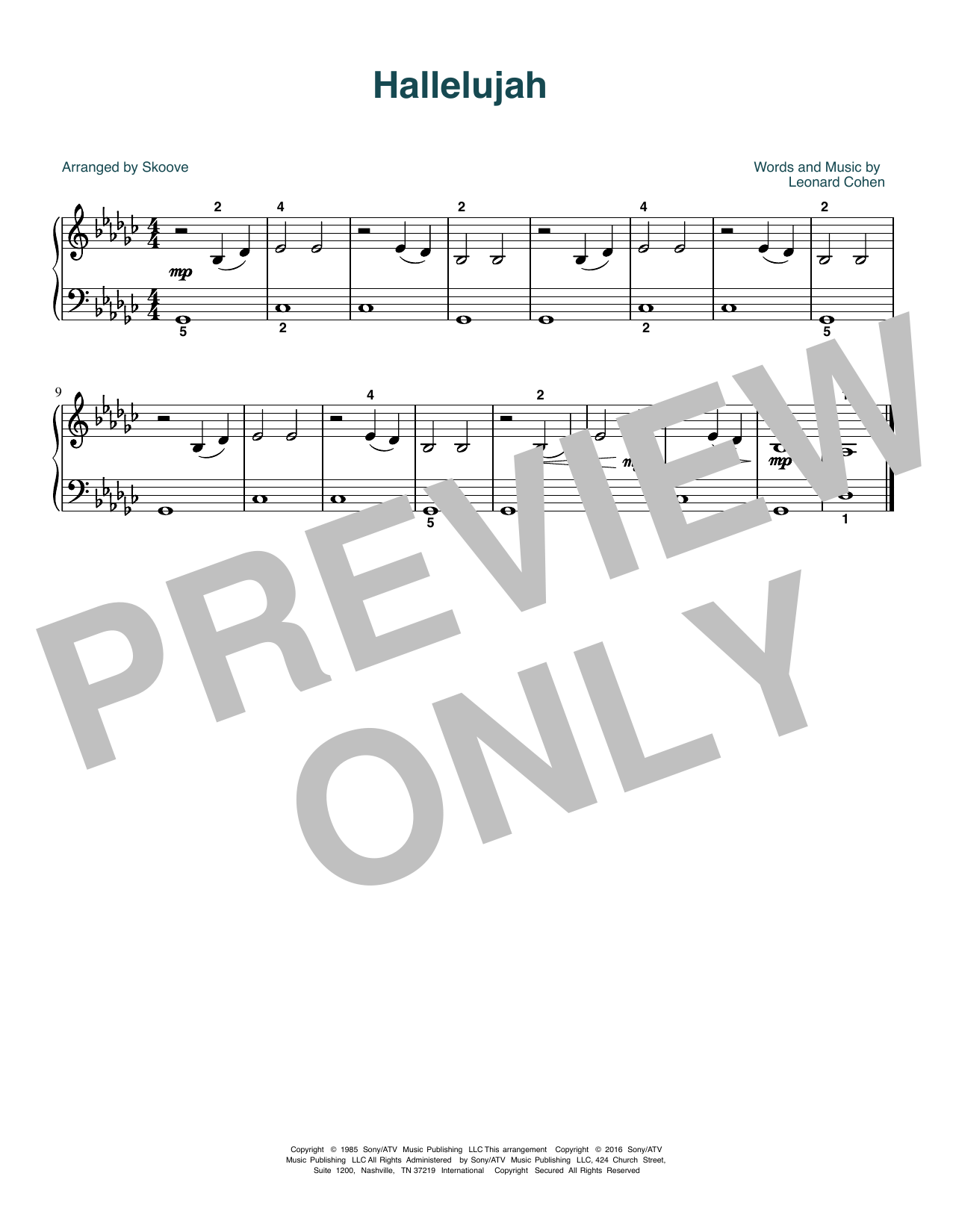 Leonard Cohen Hallelujah (arr. Skoove) sheet music notes and chords arranged for Beginner Piano (Abridged)