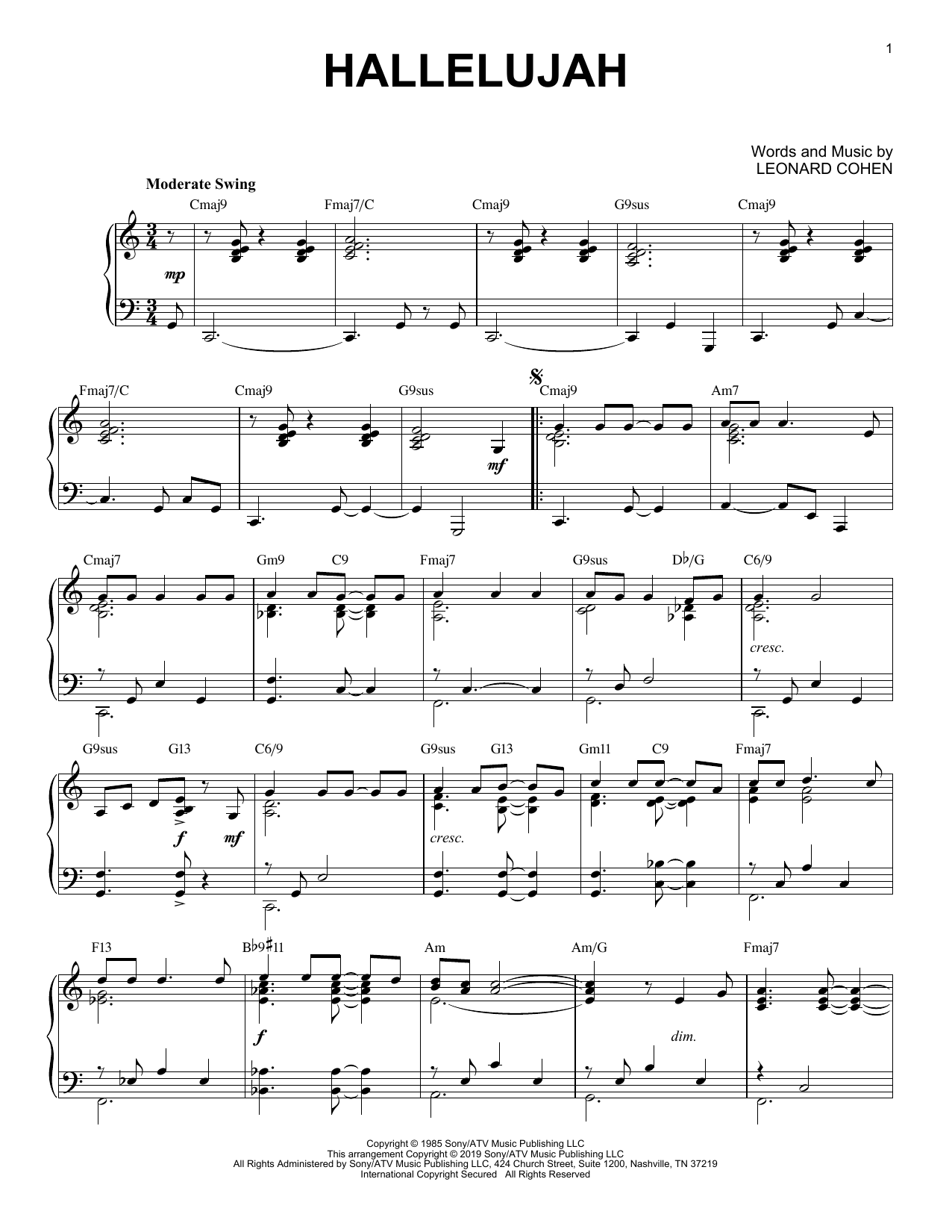 Leonard Cohen Hallelujah [Jazz version] sheet music notes and chords arranged for Piano Solo
