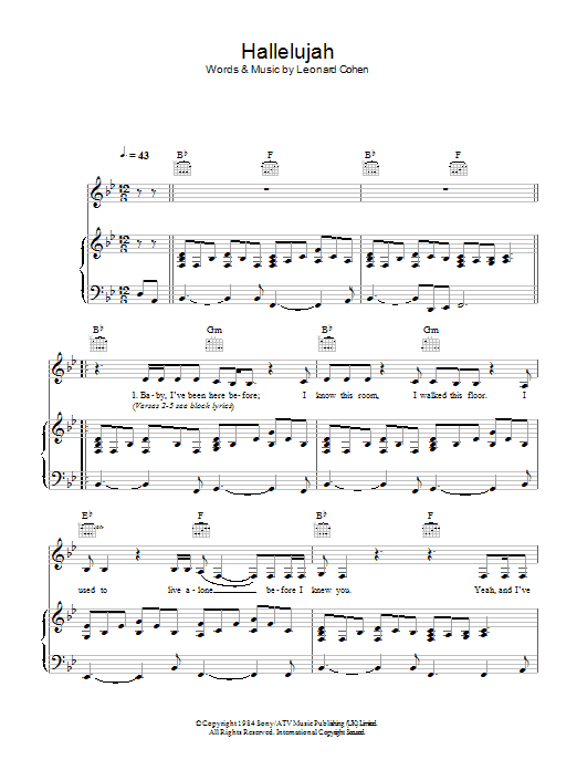 Leonard Cohen Hallelujah (live version) sheet music notes and chords arranged for Piano, Vocal & Guitar Chords