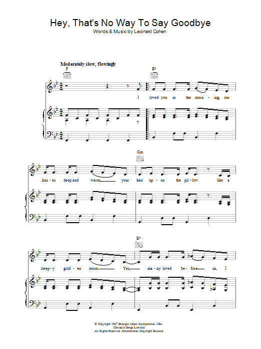 Leonard Cohen Hey, That's No Way To Say Goodbye sheet music notes and chords arranged for Piano, Vocal & Guitar Chords