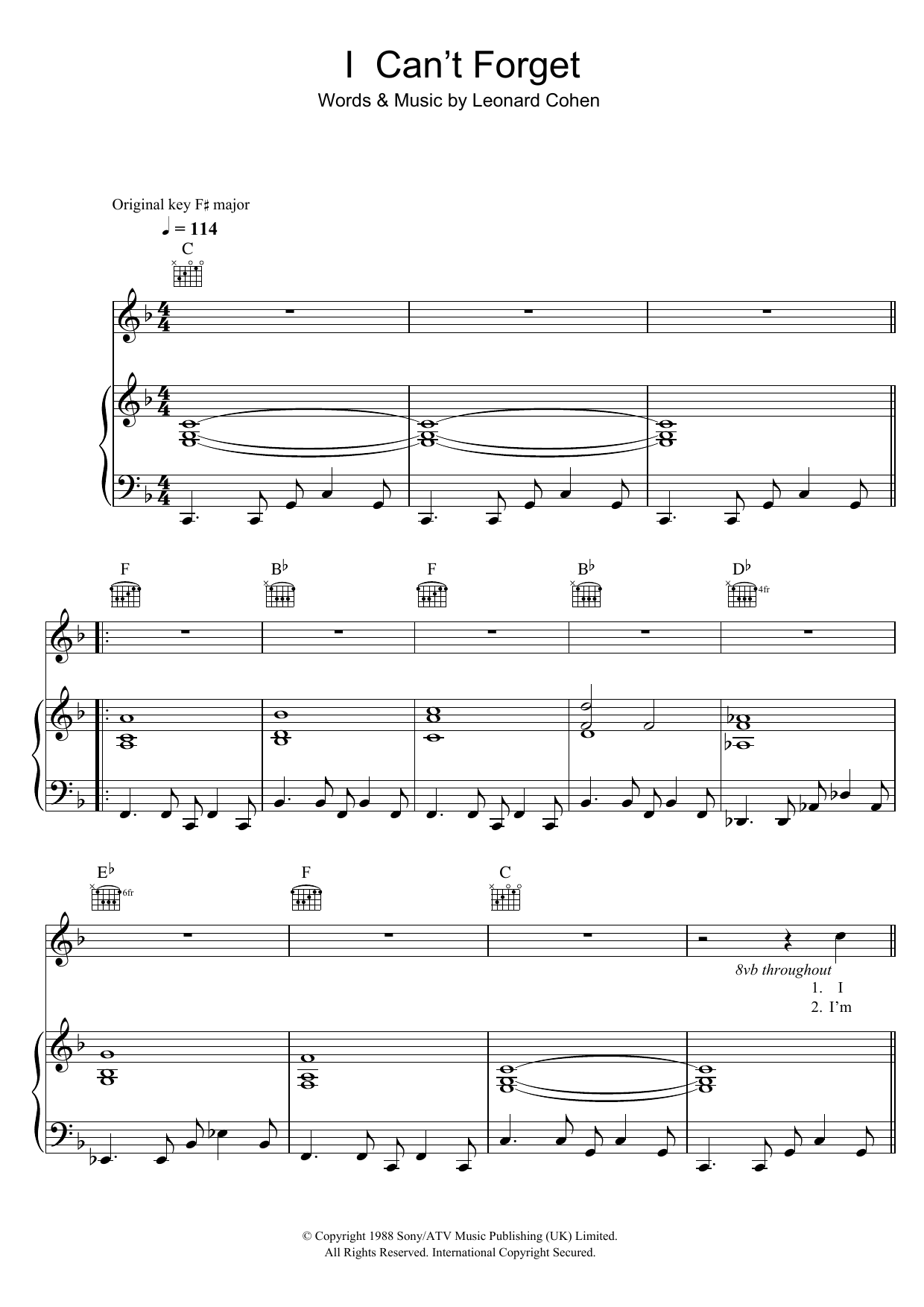 Leonard Cohen I Can't Forget sheet music notes and chords arranged for Piano, Vocal & Guitar Chords