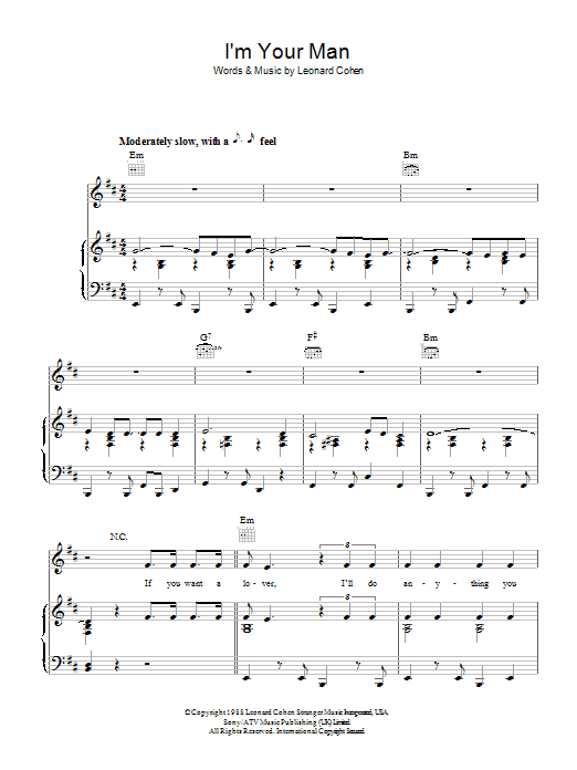 Leonard Cohen I'm Your Man sheet music notes and chords arranged for Piano, Vocal & Guitar Chords