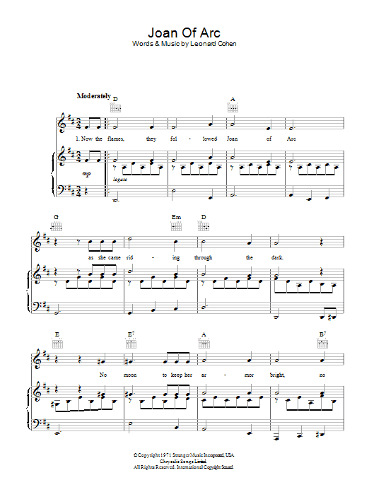 Leonard Cohen Joan Of Arc sheet music notes and chords arranged for Piano, Vocal & Guitar Chords