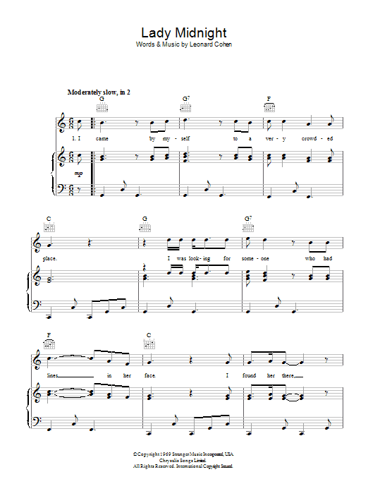 Leonard Cohen Lady Midnight sheet music notes and chords arranged for Piano, Vocal & Guitar Chords